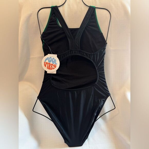 Sporti Piped Splice Wide Strap One Piece Swimsuit Black Green 38 NWT - Picture 4 of 9